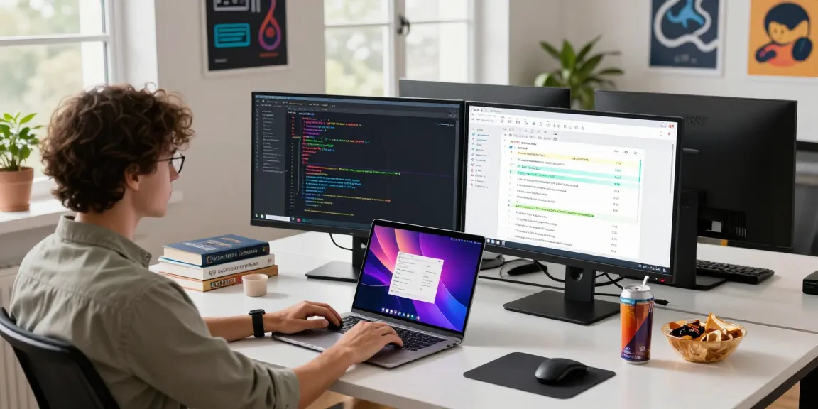 WPS Download scene showcasing a vibrant software development workspace with dual monitors highlighting coding and project management tools.