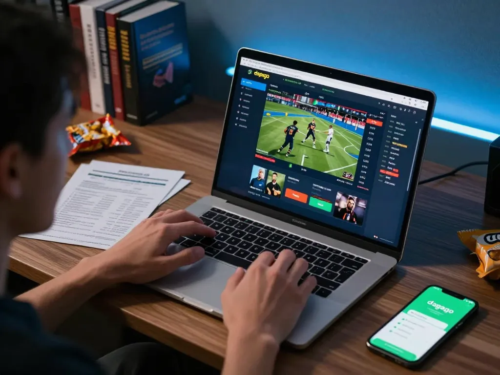 Engaging in live sports betting on dagago's platform with a laptop and mobile app.