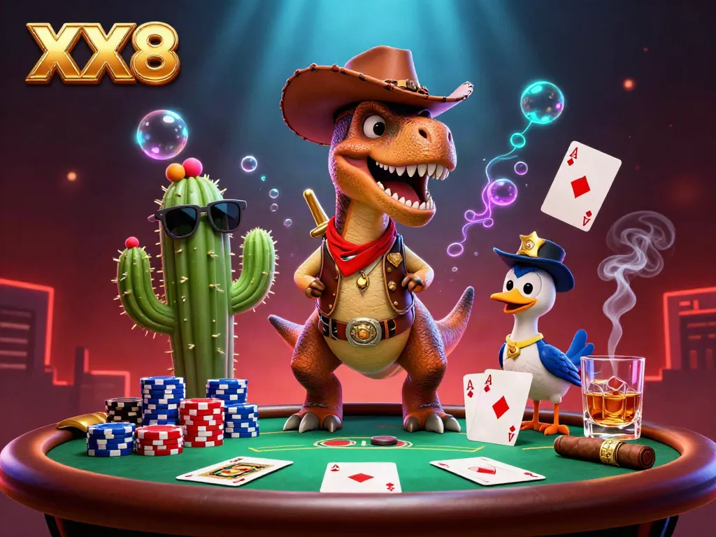 Experience thrilling moments at XX8 casino with a vibrant dinosaur poker scene featuring your favorite games.