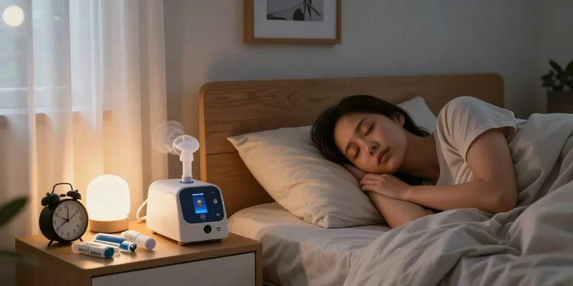 Sleep apnea machine accessories including humidifier and CPAP setup in a serene bedroom for a restful night's sleep.