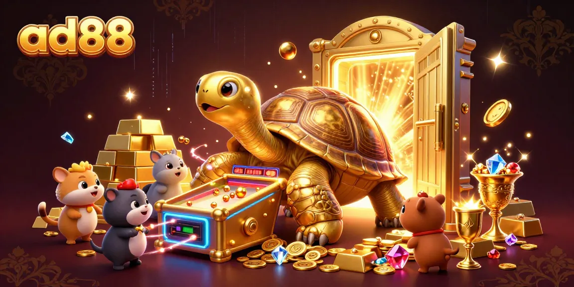 Play exciting games at ad88 with a vibrant scene featuring a golden tortoise pinball machine.