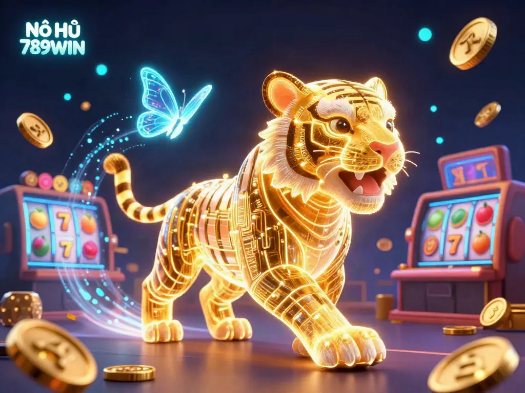 Experience the excitement of Nổ Hũ 789WIN with a vibrant 3D illustration showcasing a golden tiger in a dazzling casino.