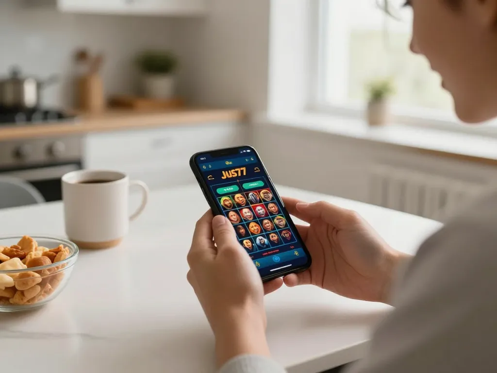 Player excitedly betting on jus77 mobile casino app with coffee and snacks at stylish table.
