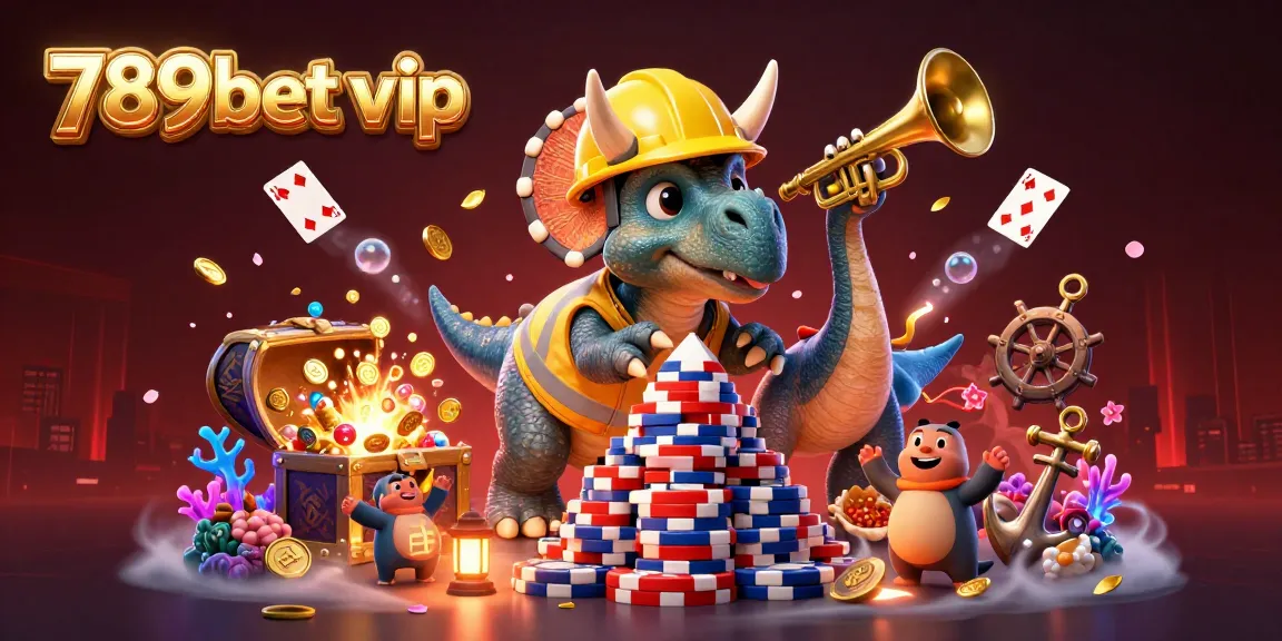 Experience the excitement of poker with 789bet vip in a vibrant 3D illustration of dinosaurs building poker chip pyramids.
