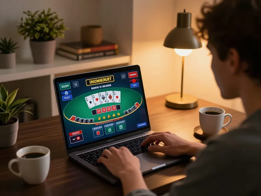 Engaged player enjoying keonhacai blackjack game on laptop, cozy home setting with strategic atmosphere.