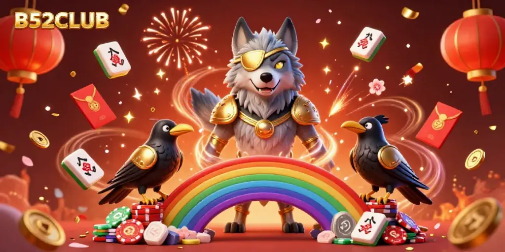 B52CLUB celebrates gaming excitement with a vibrant 3D scene featuring Odin and ravens, surrounded by casino-themed elements.
