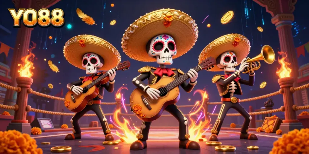 Experience the excitement of YO88 with mariachi band playing amidst gaming elements, lighting effects, and rich details!