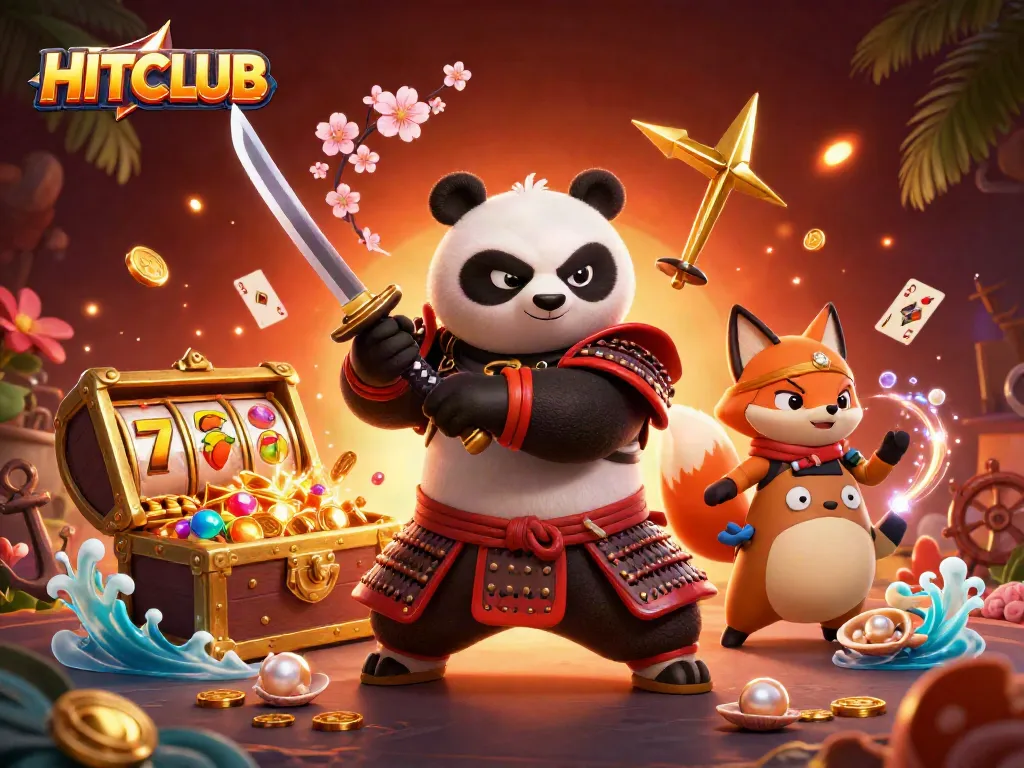 Experience HITCLUB gaming excitement with samurai panda and ninja fox in this vibrant casino scene.