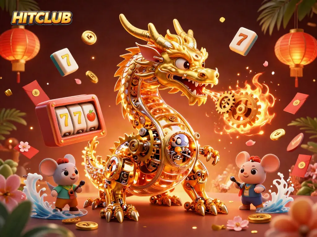 Experience HITCLUB's vibrant gaming scene with dynamic slot reels, golden dragon, and rich casino elements.