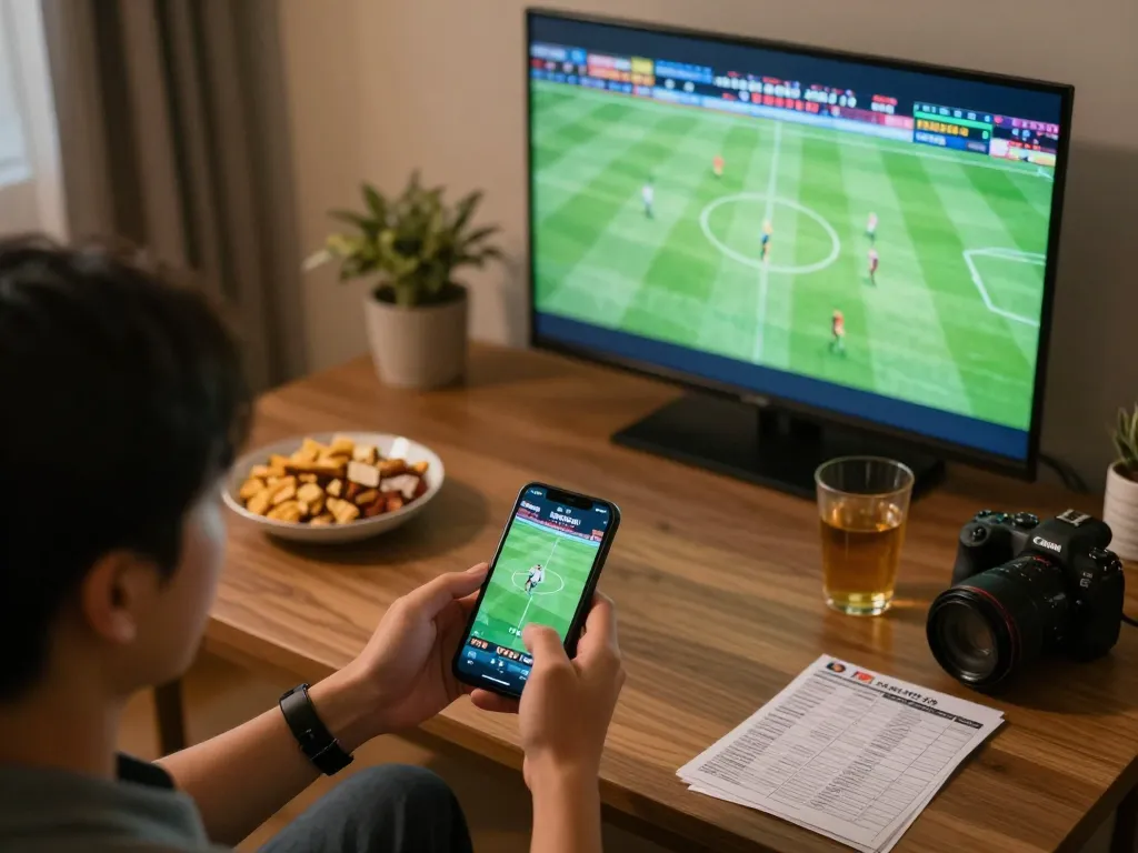 Engaging in sports betting at home using a smartphone, capturing the excitement of uu88.