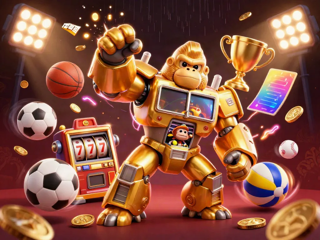 TẢI TG88 - Explore a dynamic illustration of a golden gorilla mech amidst exploding coins and sports elements.