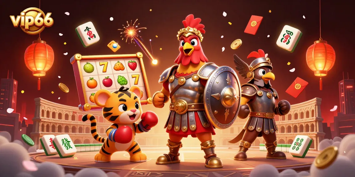 Join the excitement with vip66, showcasing a vibrant 3D spirited casino scene filled with dynamic slot action.