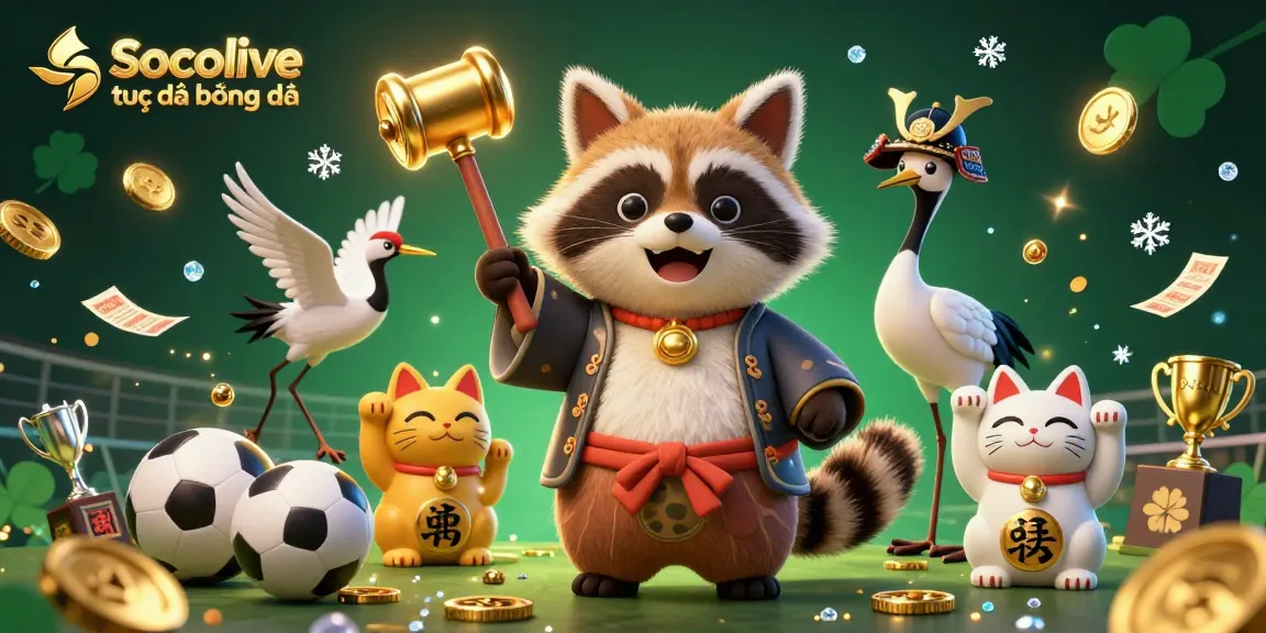 Socolive trực tiếp bóng đá brings excitement with a cheerful tanuki and samurai crane amidst dynamic sports betting elements.
