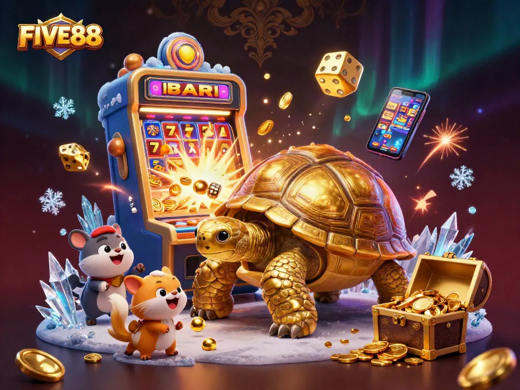 Engage in Five88's vibrant casino world featuring a golden tortoise pinball machine and thrilling slot jackpots.
