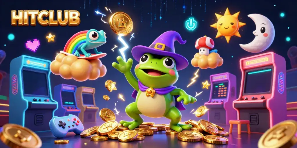 Experience the HITCLUB magic with a lively casino scene filled with gold coins and gaming excitement.
