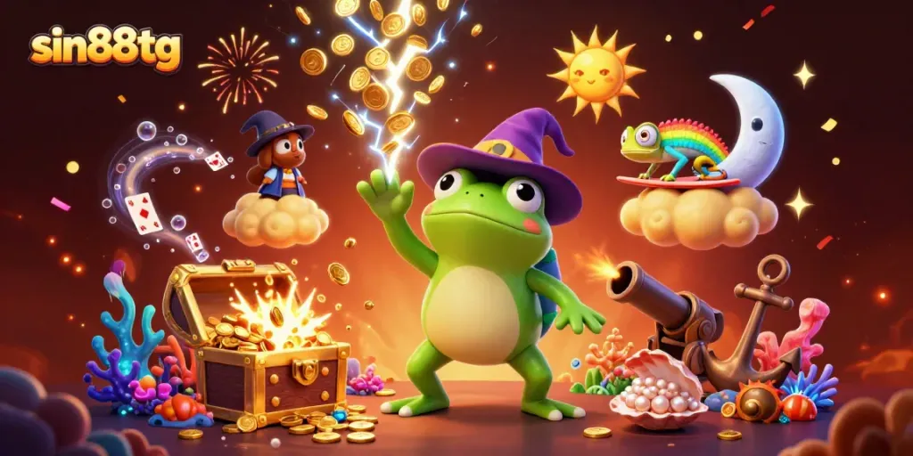 Experience dynamic gaming at sin88tg with a colorful scene of playful characters and casino elements