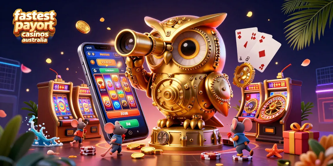 Engaging illustration highlighting fastest payout casinos australia with characters in a lively casino environment.