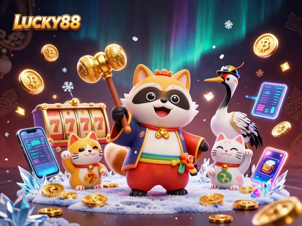 LUCKY88 slot excitement animated with cheerful tanuki, samurai crane, and colorful maneki-neko