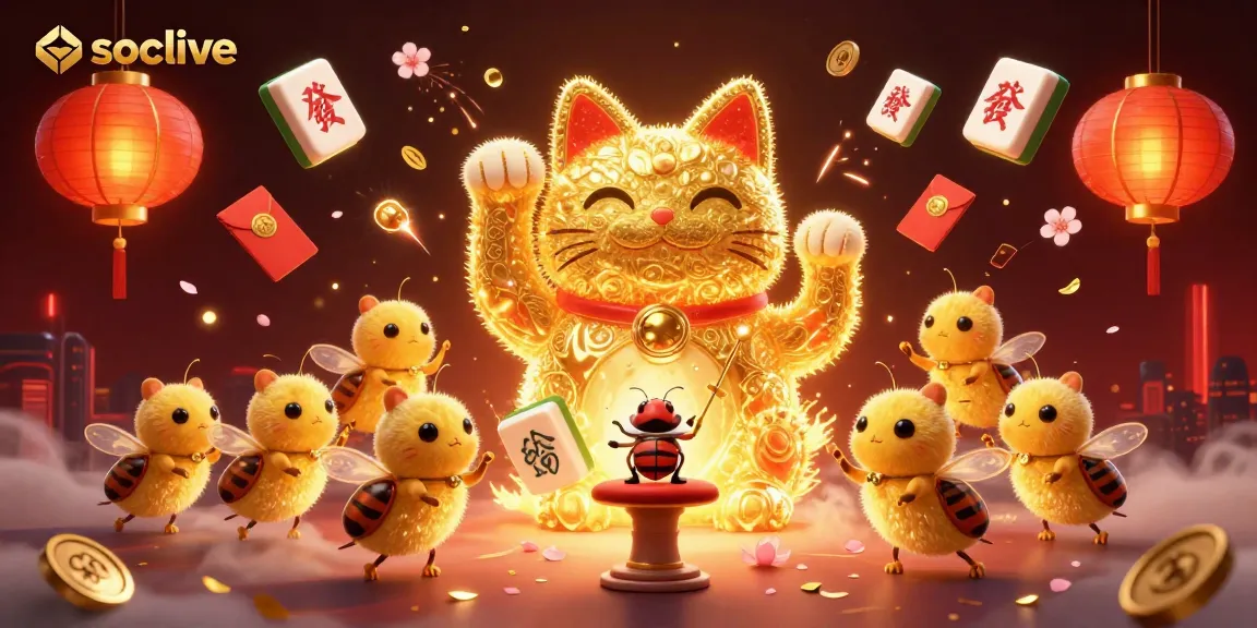 Socolive showcases a vibrant 3D illustration of a lucky cat amidst casino elements, highlighting exciting gambling action.