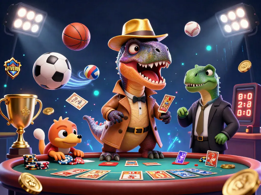 Experience thrilling gameplay at FIVE88 with a cartoon velociraptor card counter and unique casino elements.