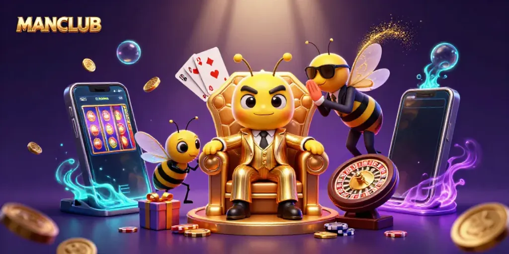 MANCLUB illustration featuring a bumblebee mob boss with casino elements like spinning slot reels and poker chips.