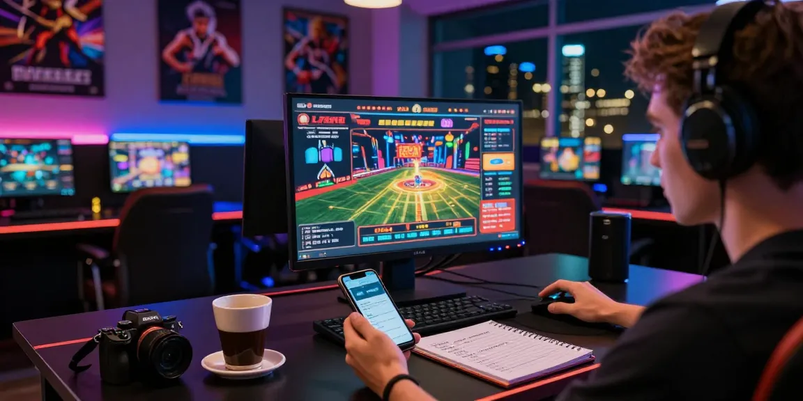 Paysafe Card Casino-Spieler, der an einem lebhaften Gaming-Setup mit Smartphone und Computer engagiert spielt.