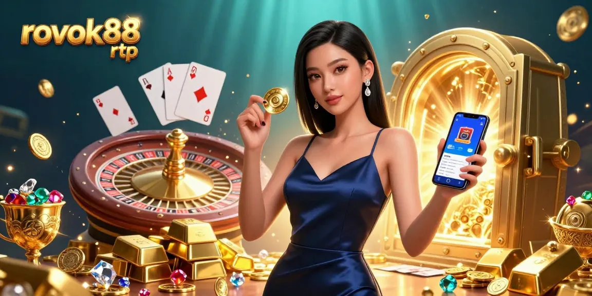 Experience the excitement of rokok88 rtp with a confident woman holding a casino app and a golden chip.
