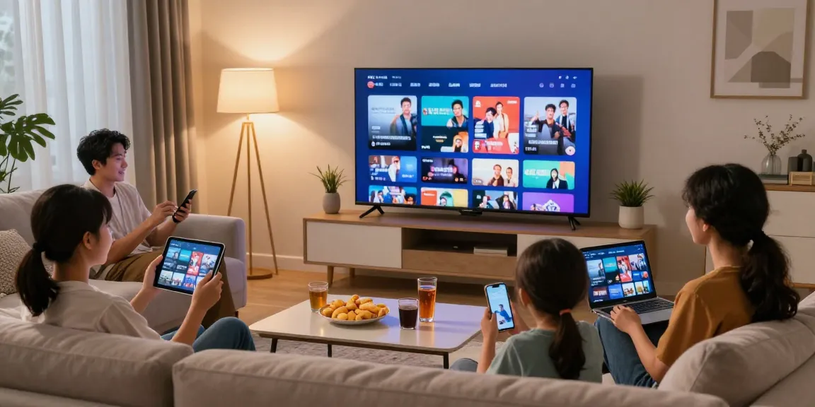 Expérience familiale de divertissement avec IPTV multi écrans dans un salon moderne.