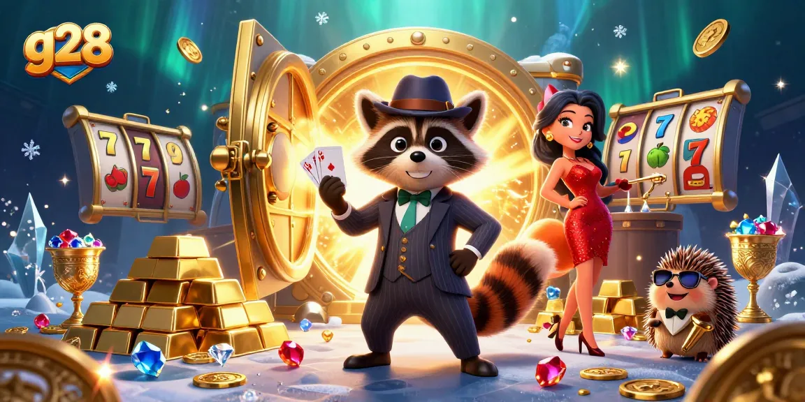 Win with g28 as the suave raccoon and fox strike a winning pose amidst treasures and slot action.