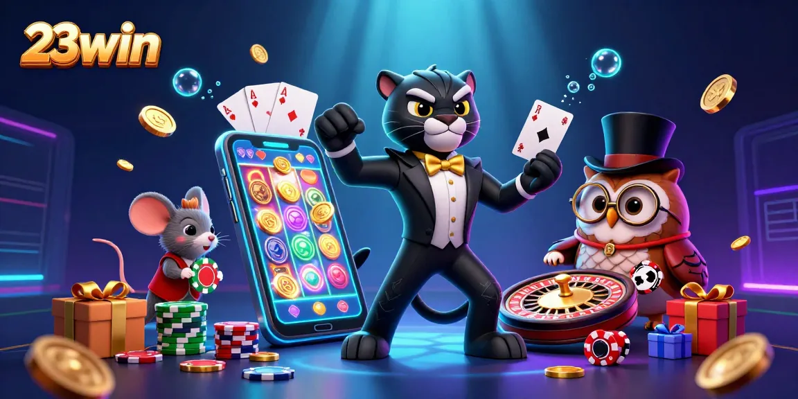 Engage in thrilling games at 23win, featuring a sophisticated panther dealer, vibrant slot games, and poker action.