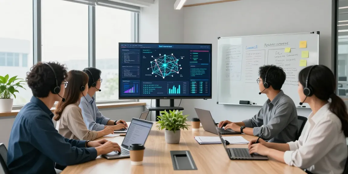 IT support team collaborating in a modern office, emphasizing small business IT support solutions with laptops and analytics.