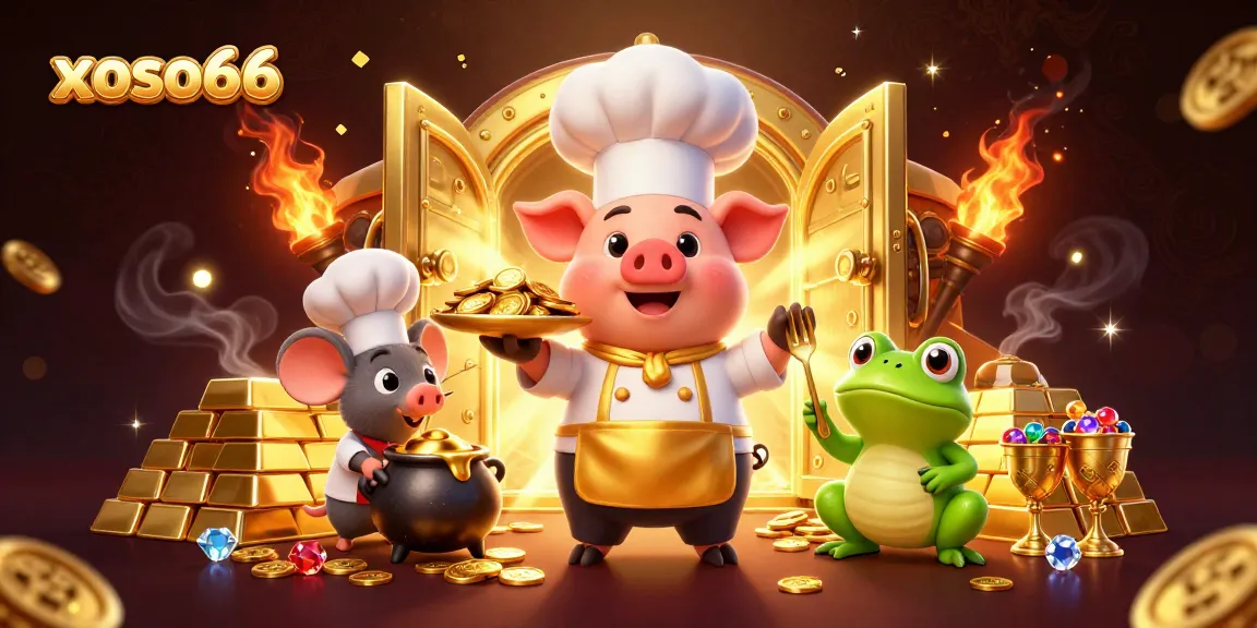 Xoso66 offers thrilling gaming experiences with golden coins, gold bars, and exciting characters in a vibrant casino scene.